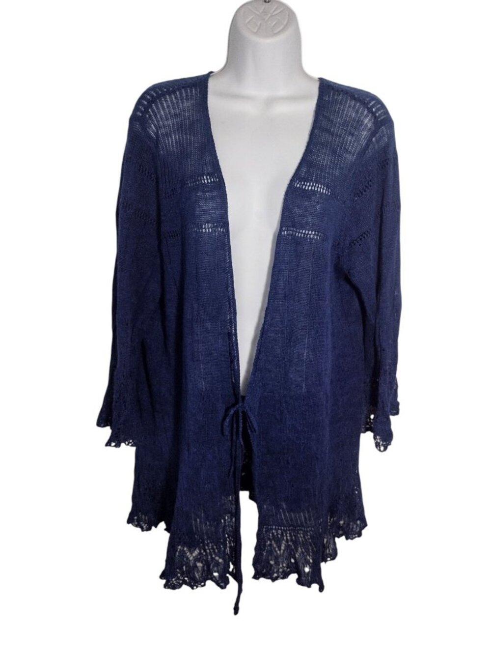 Lauren Ralph Lauren Linen Open Knit Cardigan Tie Sweater 1X Crotchet Ruffle Blue